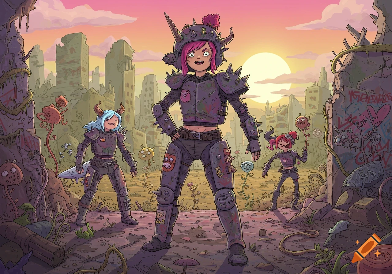 Three cartoonish female raiders in armor stand among ruins and strange plants in a post-apocalyptic city at sunset.