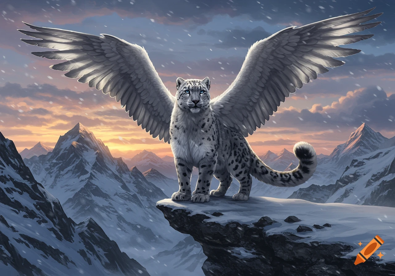 A majestic winged snow leopard stands on a snowy mountain peak at sunset, with snow falling.