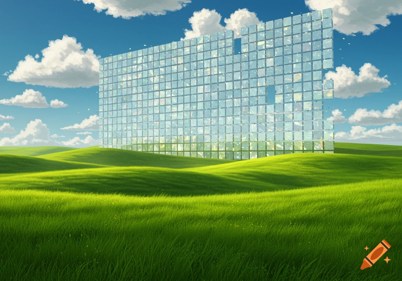 A gigantic translucent wall made of square cubes stands in a vast green field with rolling hills under a blue sky.