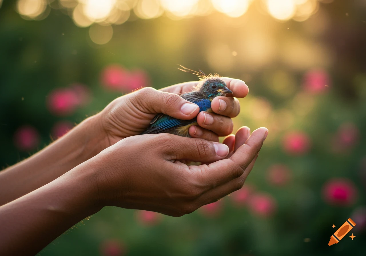 Hands gently cup a small, fuzzy bird, bathed in golden sunlight against a blurred green and pink background.