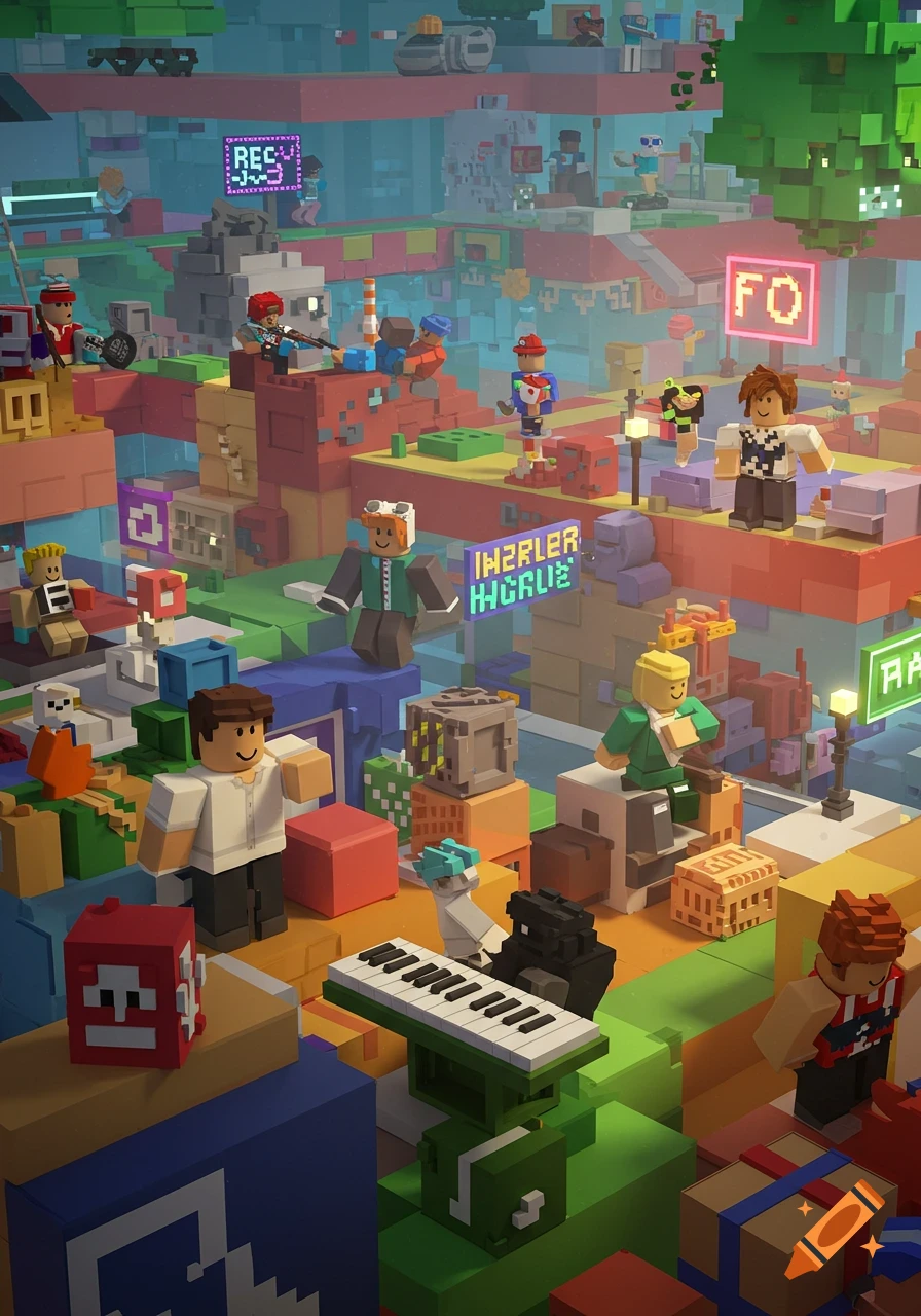A vibrant, complex scene of blocky characters and structures in a colorful, busy voxel world, resembling a Roblox game.