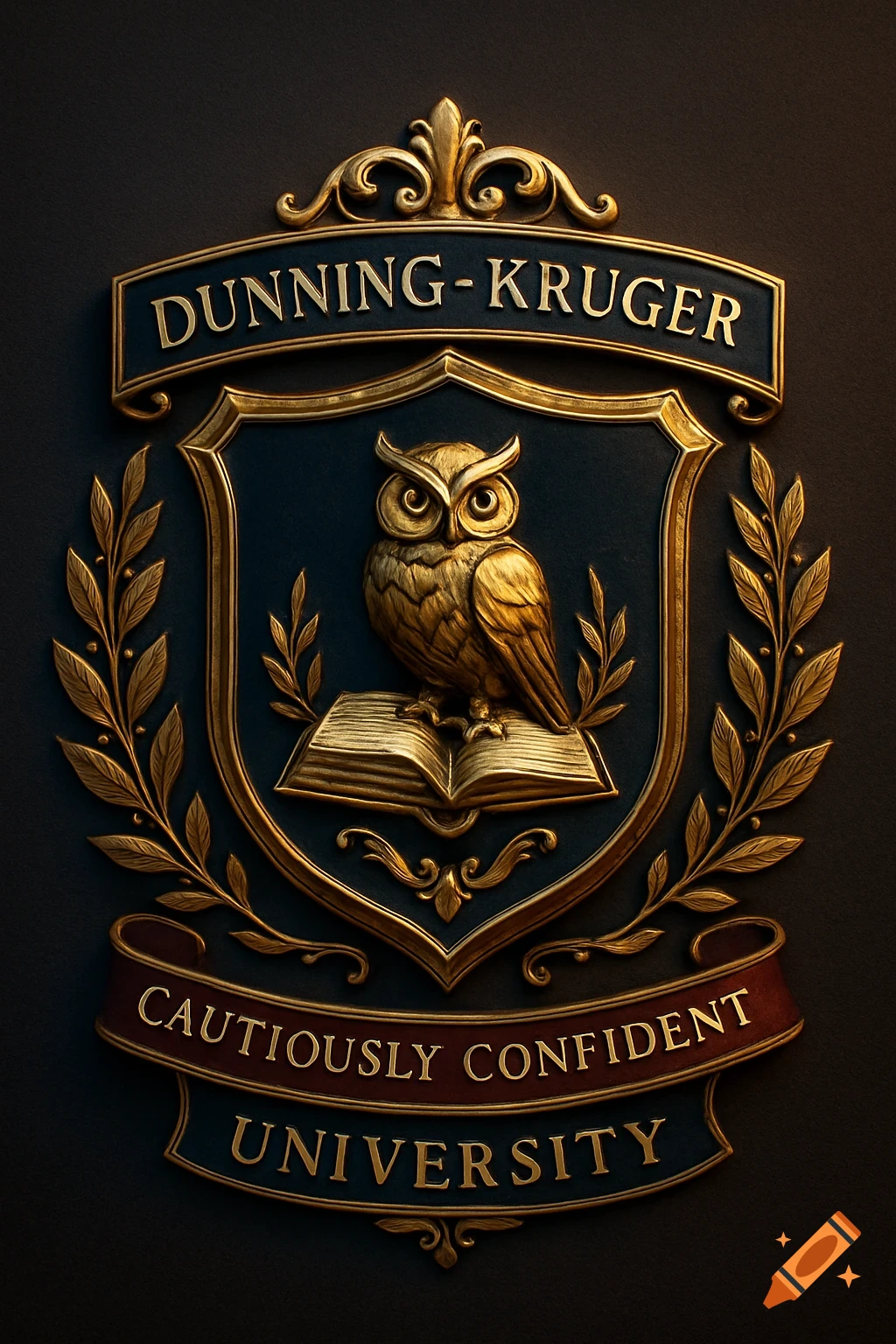 A detailed gold and dark blue school crest featuring an owl perched on an open book, with the text 'DUNNING-KRUGER CAUTIOUSLY CONFIDENT UNIVERSITY' prominently displayed.