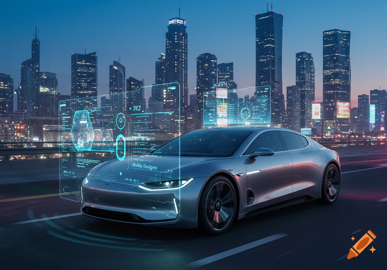 A sleek silver autonomous car drives on a highway at night, surrounded by holographic interface displays with a city skyline in the background.