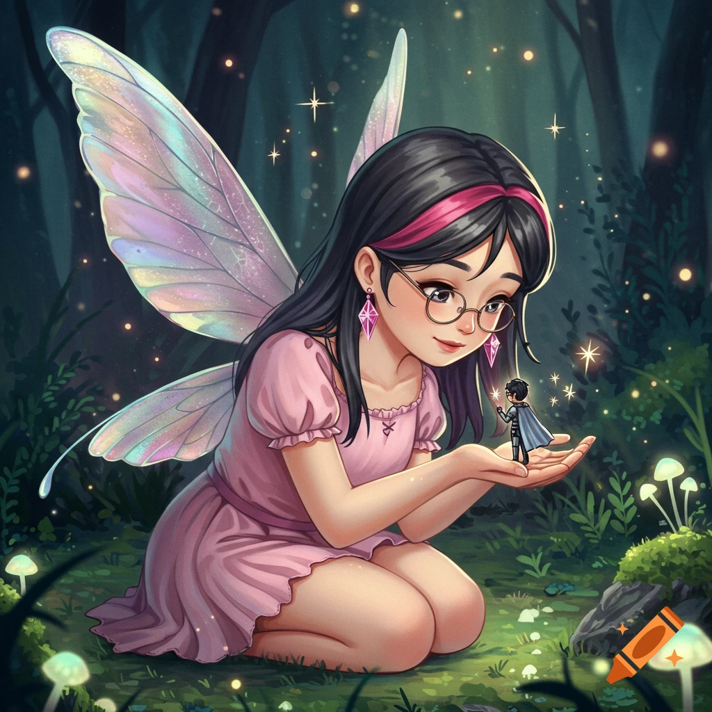 Anime-style illustration of a giant fairy girl with dark hair and pink streak, holding a tiny knight-like man in her hands in a magical glowing forest.