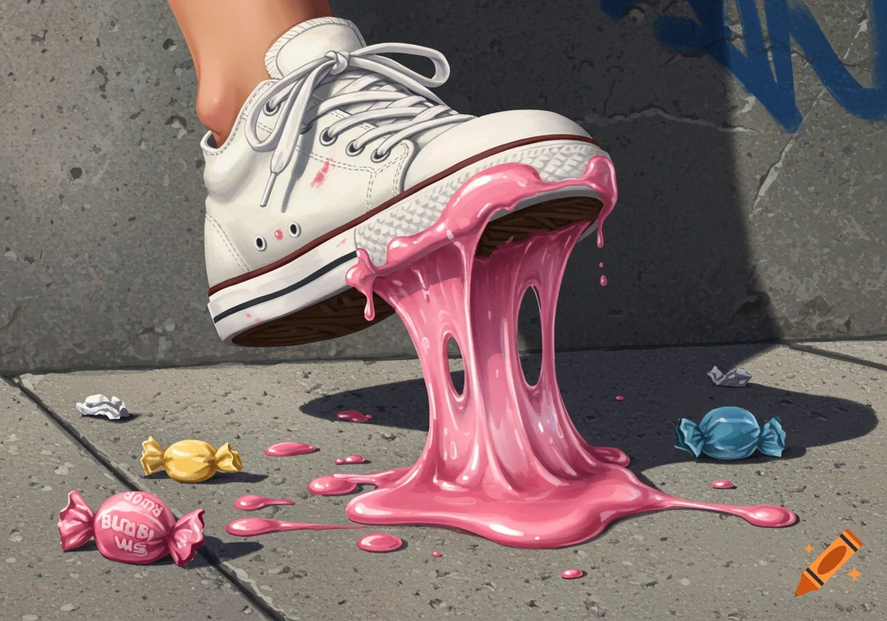 White sneaker with pink bubblegum stuck to the sole, on a concrete sidewalk with spilled candies.