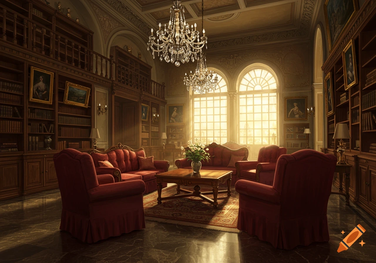 A grand, opulent library with high ceilings, large bookshelves, red velvet couches, and chandeliers, bathed in golden sunlight.