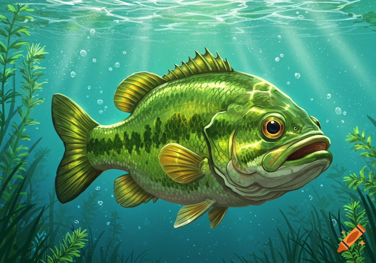 A vibrant cartoon largemouth bass with solid black eyes swims in a clear lake among green water plants, with sunlight filtering from above.