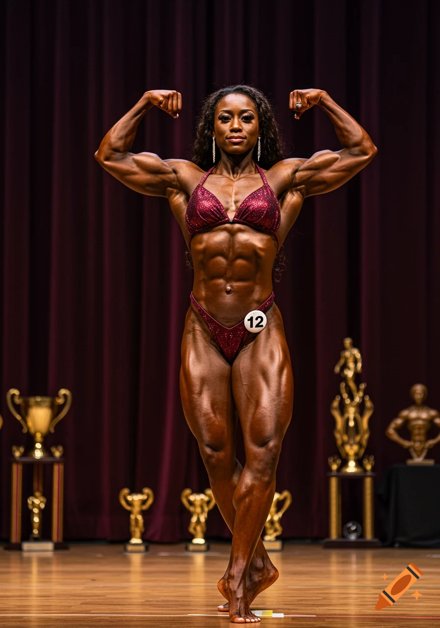 A female bodybuilder with strong muscles poses on stage in a red sparkling bikini, flexing her biceps.