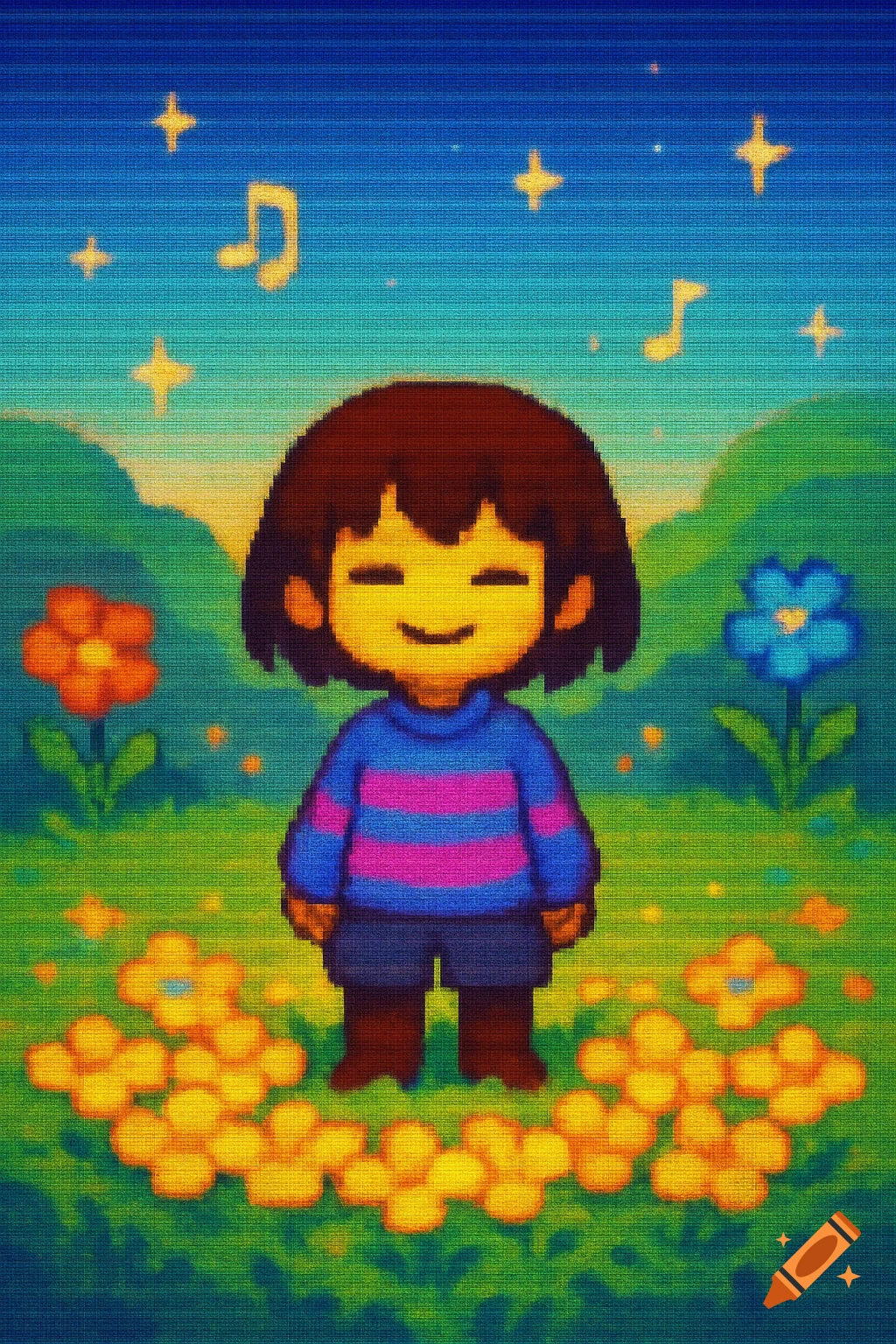 Pixel art illustration of Frisk from Undertale standing in a field of golden flowers under a blue sky.