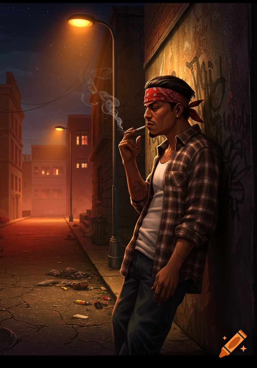 An illustration of a man with a bandana and plaid shirt smoking a cigarette while leaning against a graffiti-covered wall on a dark city street.