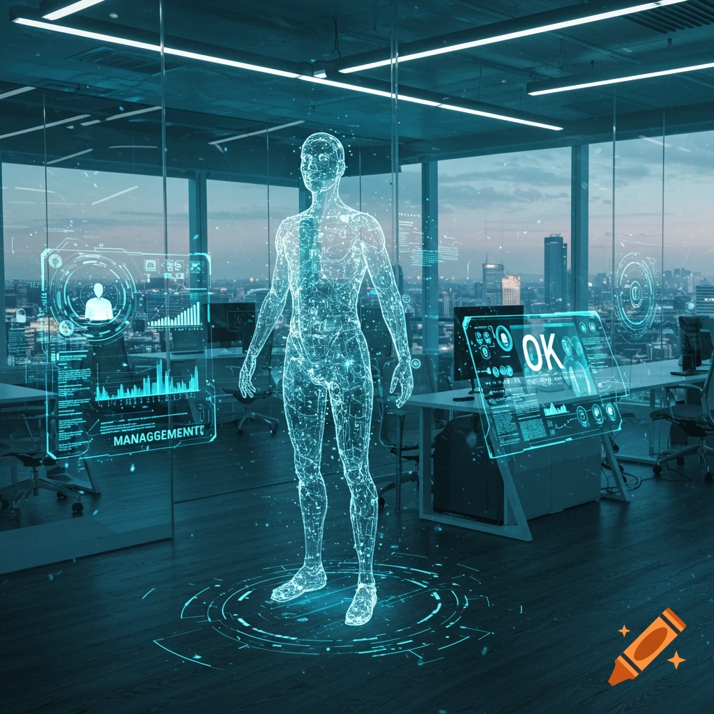 A futuristic holographic human body in a modern office with glowing data screens and a city view.