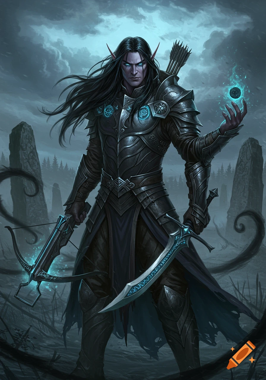 A dark-haired, armored male elf with glowing eyes holds a crossbow and sword, casting a spell. He stands in a stormy, misty landscape with standing stones.