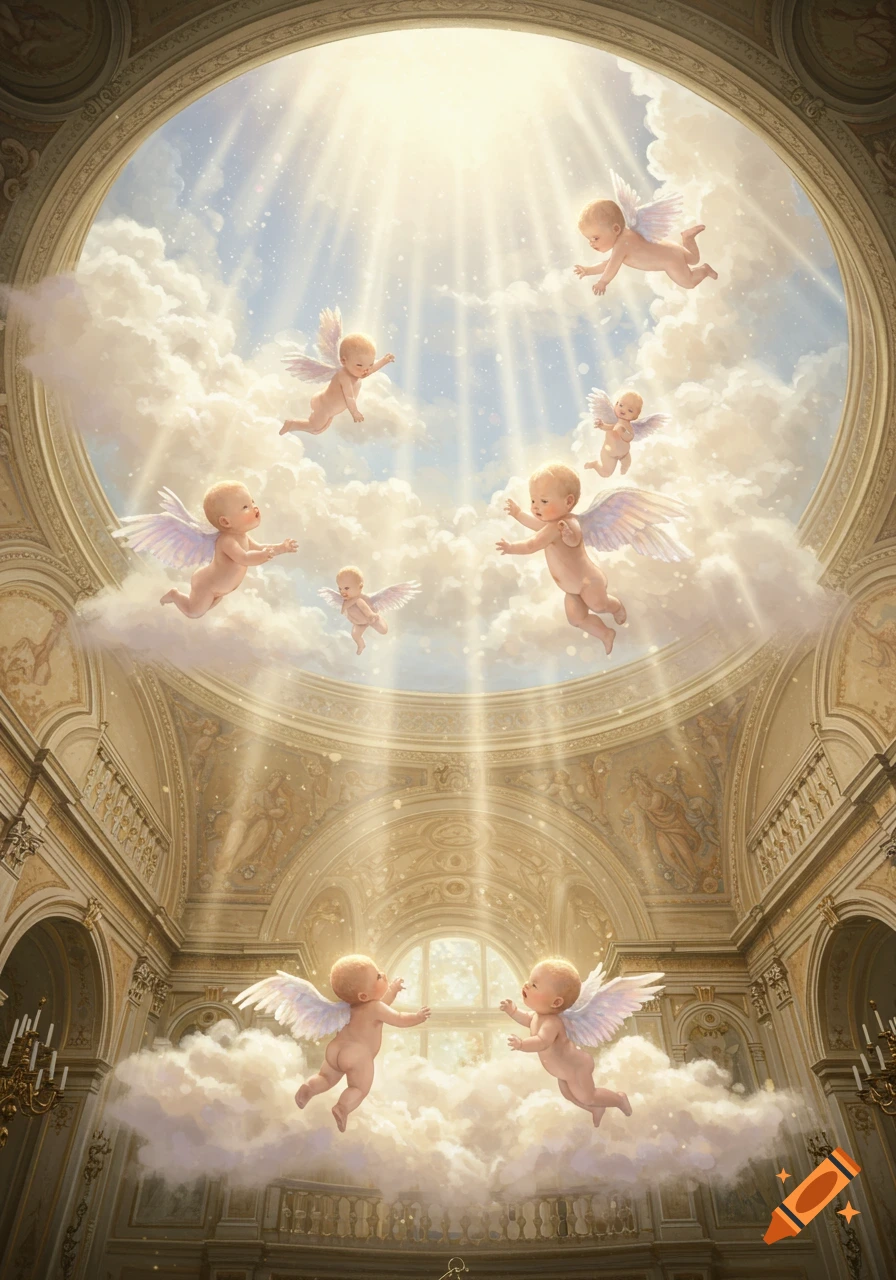Winged cherubic babies float among clouds and rays of light in a grand, ornate domed hall.