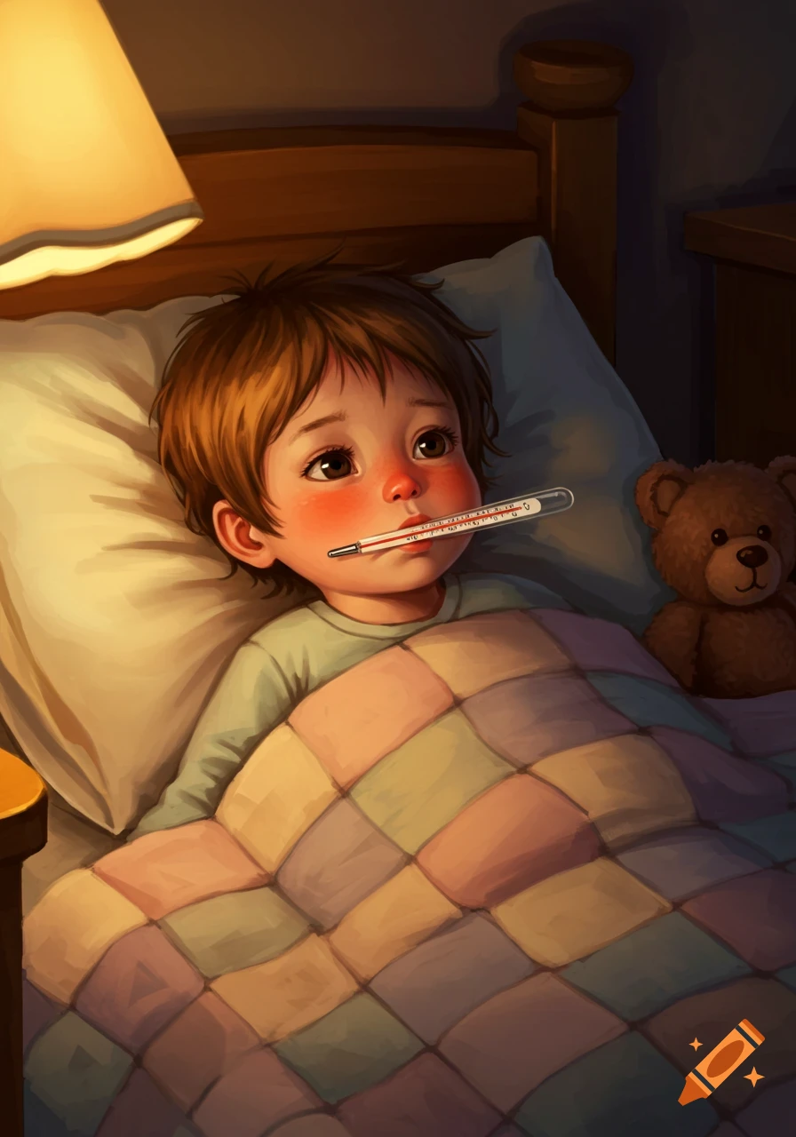 An illustration of a sick child lying in bed with a thermometer in their mouth, a teddy bear by their side, lit by a bedside lamp.