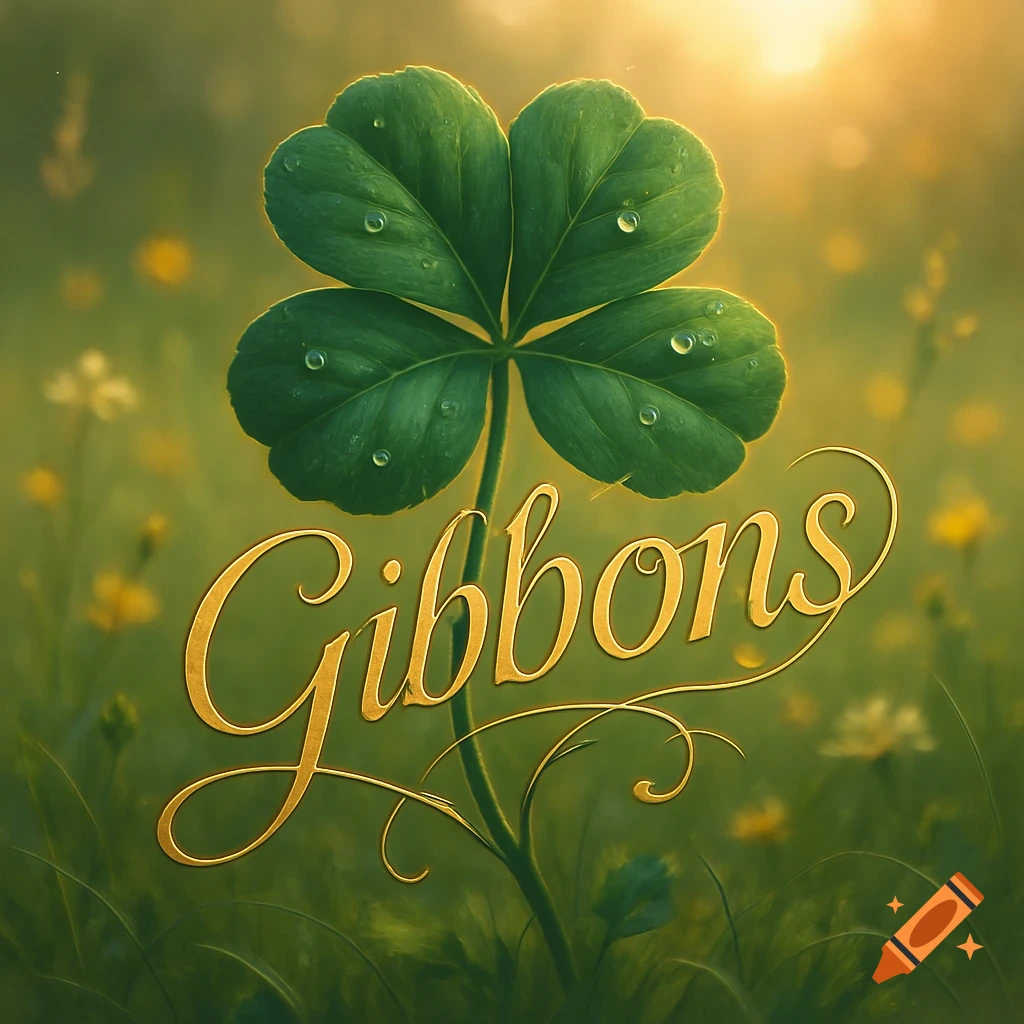A vibrant four-leaf clover with water droplets, featuring the name 'Gibbons' in golden cursive font.