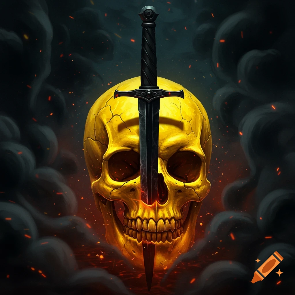 A golden skull with a black sword piercing it vertically, surrounded by dark smoke and glowing embers in a digital art style.