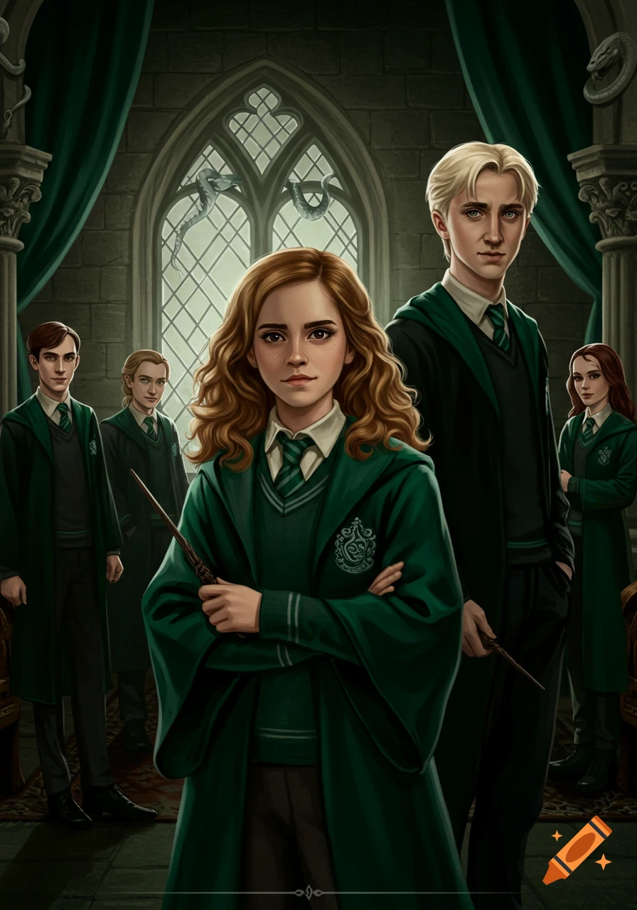 Digital art illustration of Hermione Granger, Draco Malfoy, and other students wearing dark green Slytherin robes in a gothic stone room.