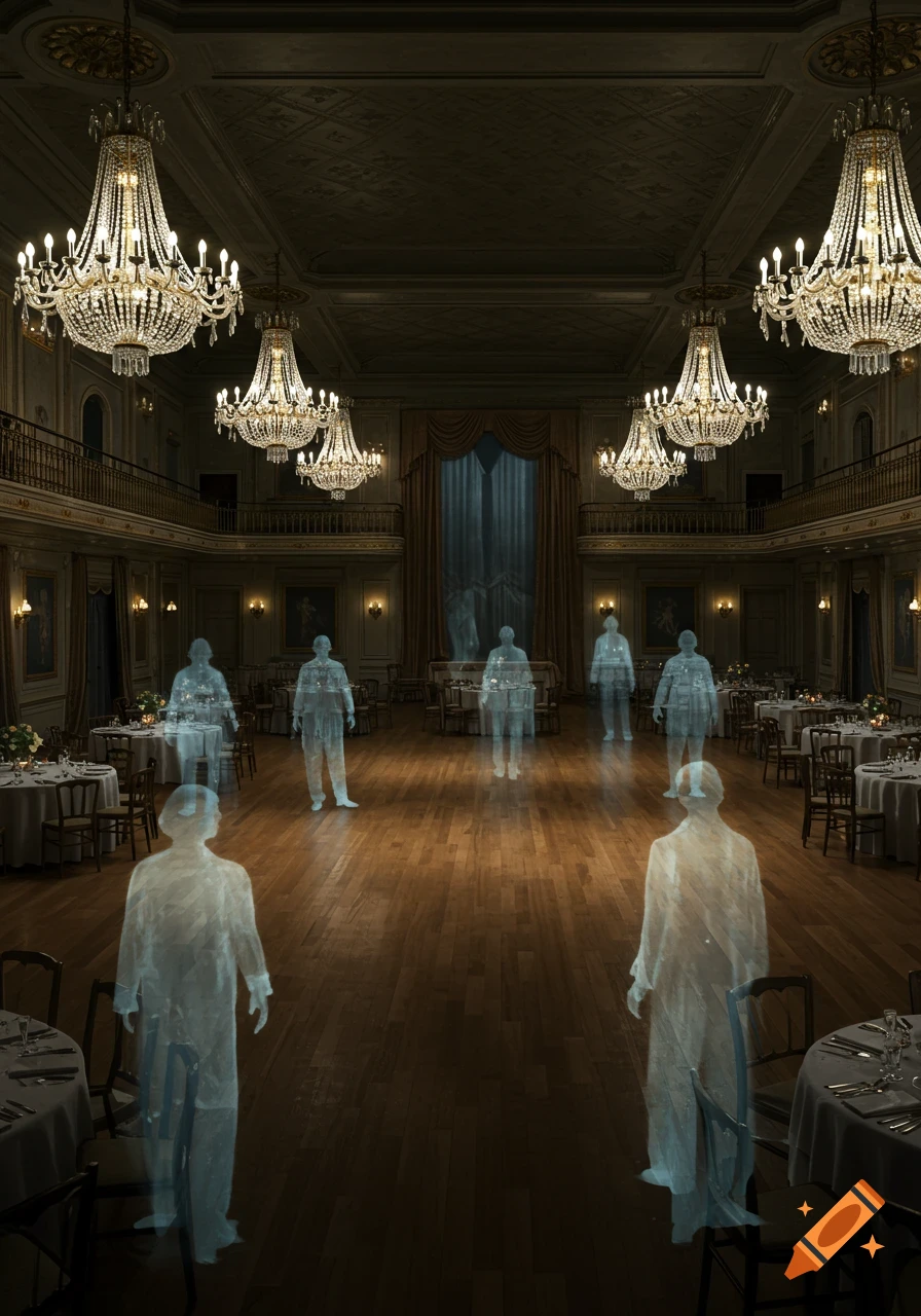 Photorealistic image of a grand ballroom with several translucent ghostly figures on the wooden floor.