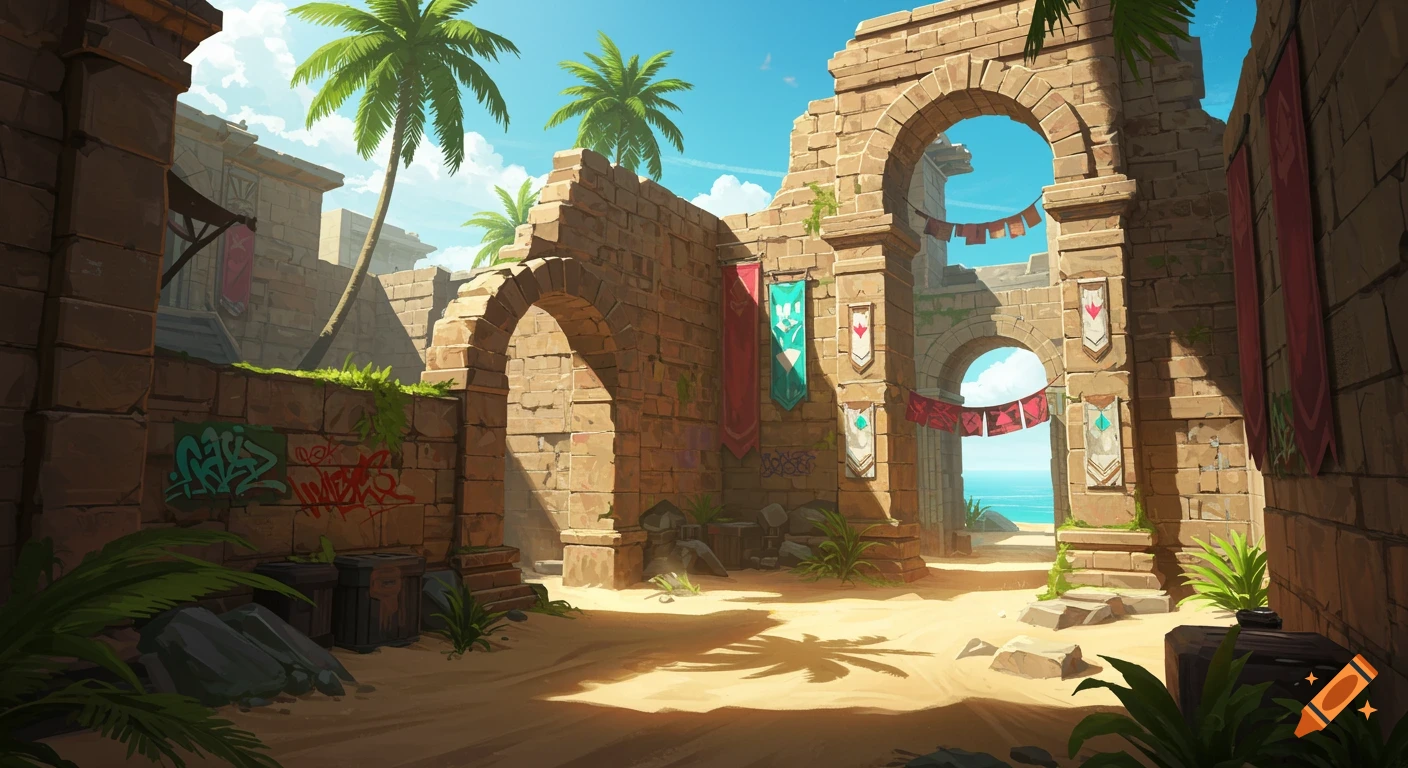 Stylized ruins on a sandy beach with palm trees and ocean view under a clear blue sky, resembling a video game map.