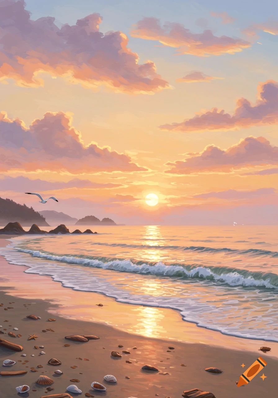 Digital painting of a vibrant sunset over a beach, with orange and pink clouds, gentle waves, and a seagull flying over rocky islands.