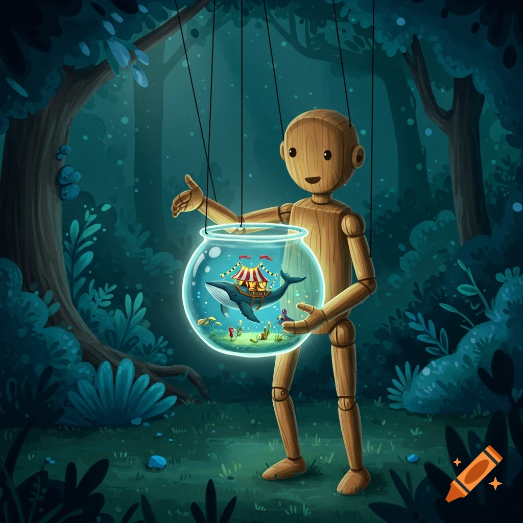 A wooden marionette puppet stands in a dark magical forest, holding a glowing fishbowl containing a whale with a tiny circus on its back.