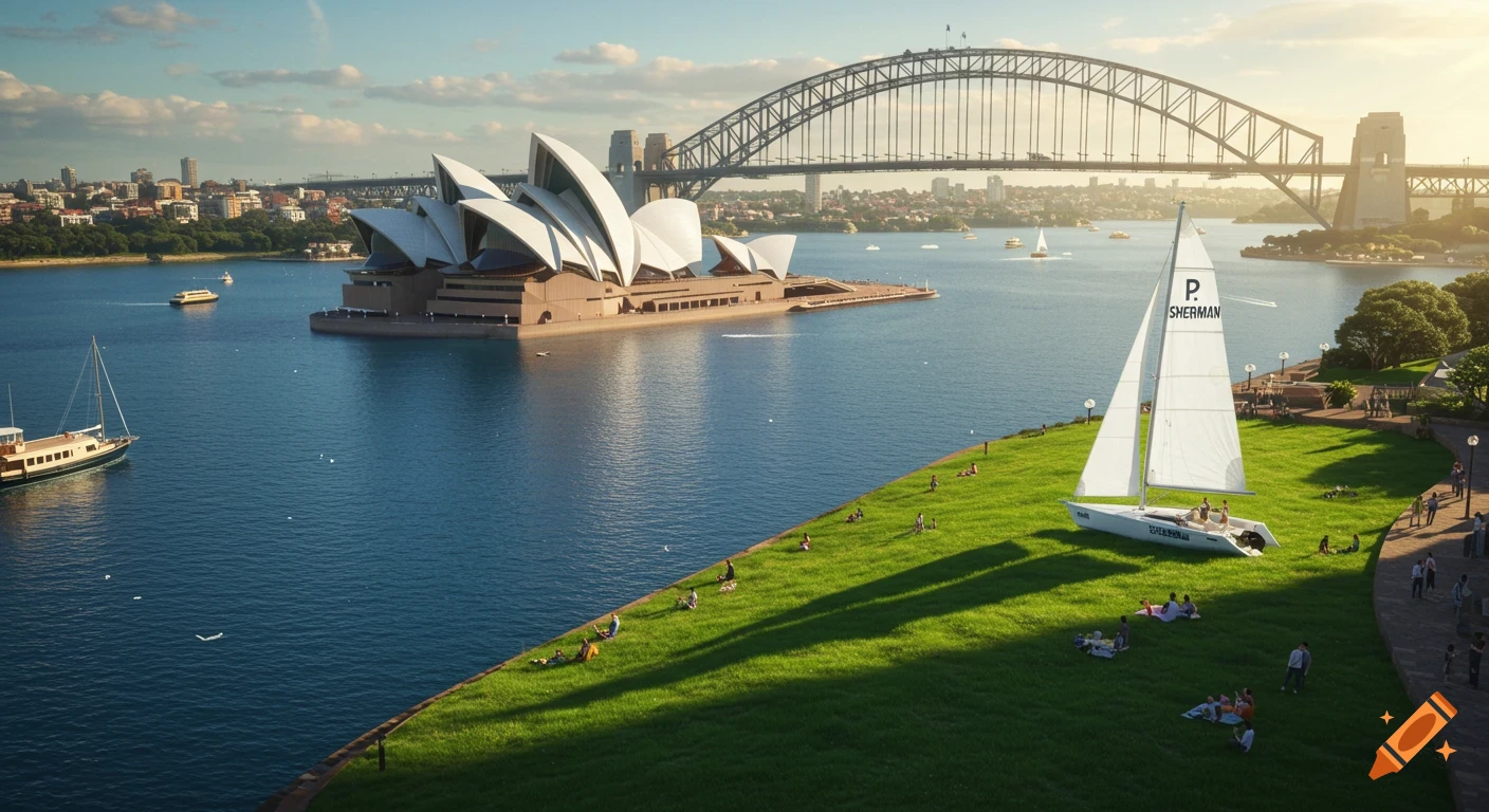 A sunlit, high-resolution view of Sydney Harbour, featuring the iconic Opera House and Harbour Bridge. Green grass slopes into the foreground with people relaxing, and a white sailboat with 'P. SHERMAN' on its sail sits on the grass.