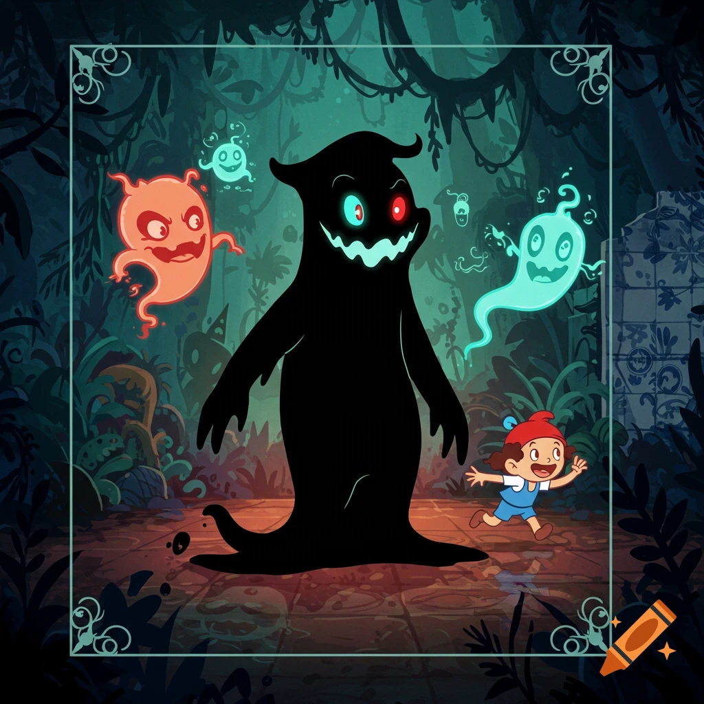 A cartoon of a child running from a large black boogieman and several smaller ghosts in a dark, stylized jungle.