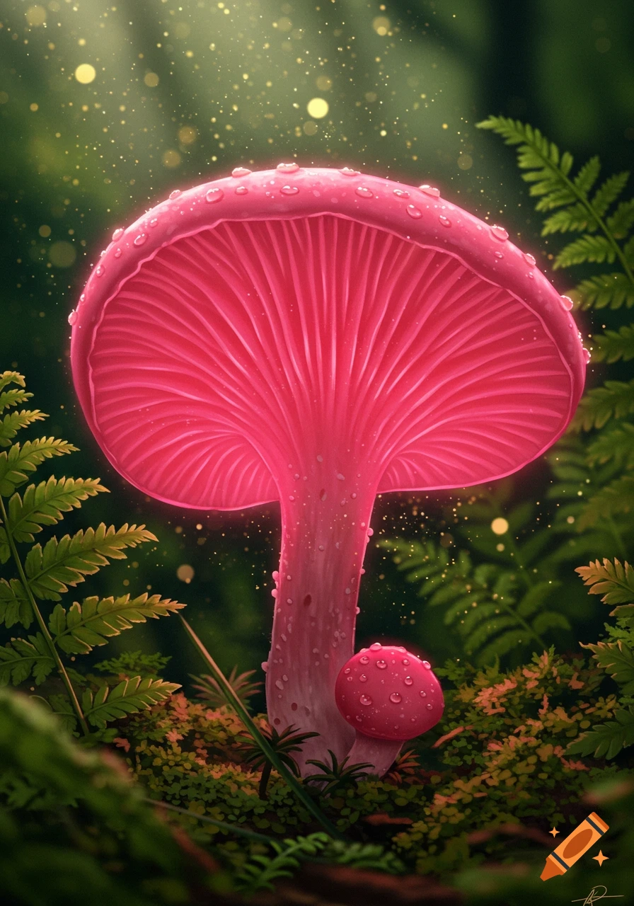 A vibrant, glowing pink mushroom with water droplets on its cap, nestled among ferns and moss in a magical forest with golden light particles.