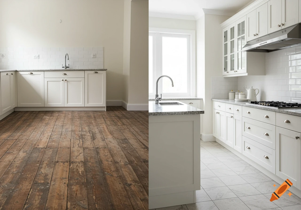 A split image of a kitchen transformation, from an old wood floor to modern white cabinets and light-tiled floors.