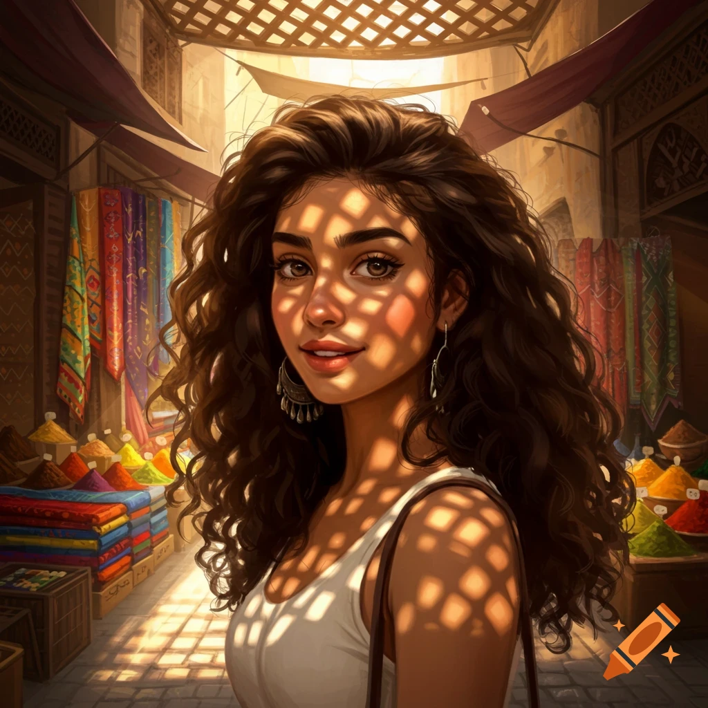 Illustrated portrait of a smiling Arab girl with curly brown hair in a sunny market with colorful spices and textiles.
