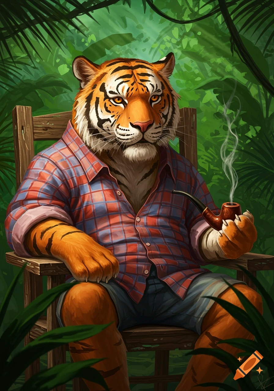 An anthropomorphic tiger in a plaid shirt and shorts sits in a wooden chair in a jungle, smoking a pipe. Digital illustration.