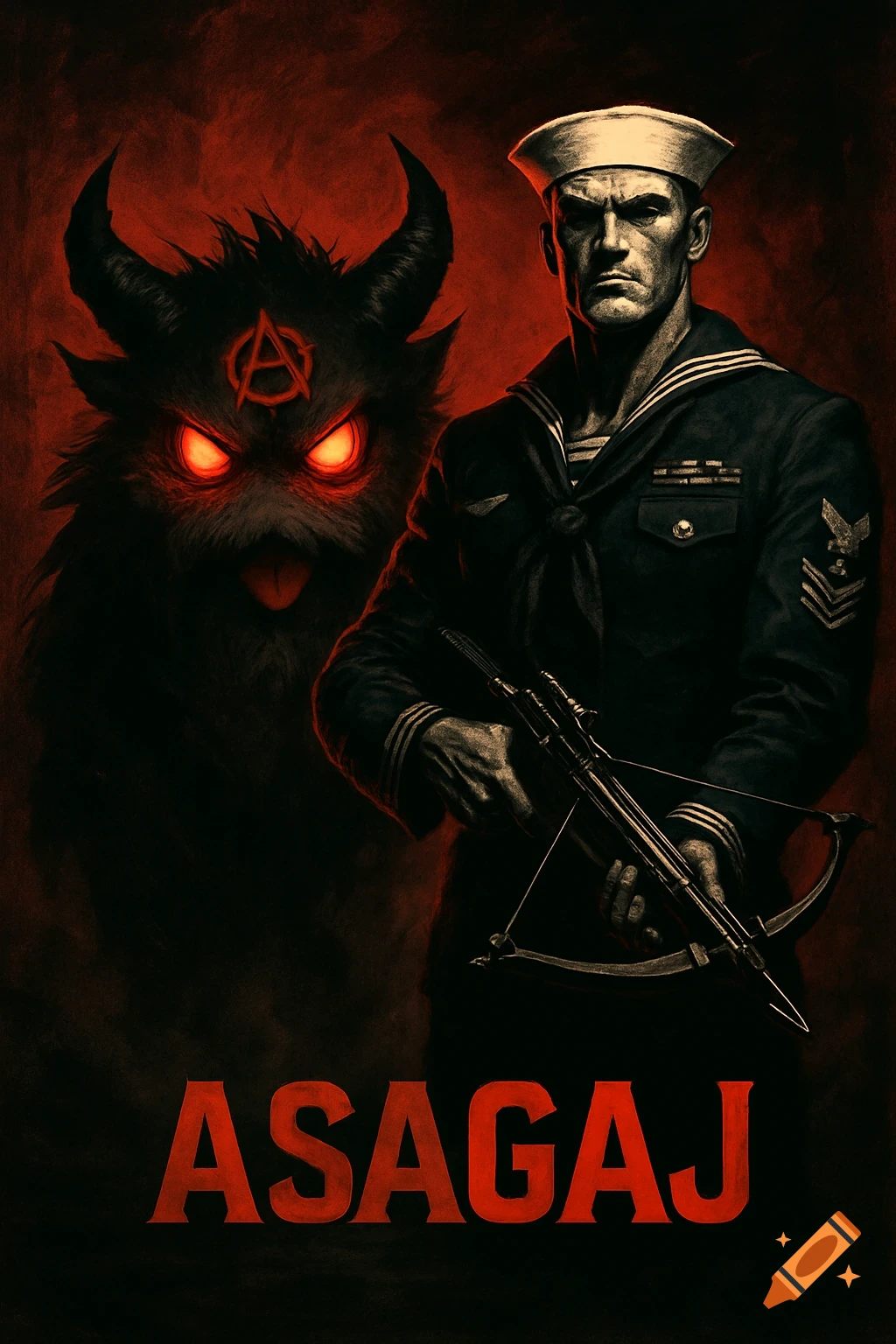 A dark, stylized illustration of a stern sailor with a crossbow next to a horned creature with glowing red eyes and an anarchy symbol. Text says ASAGAJ.