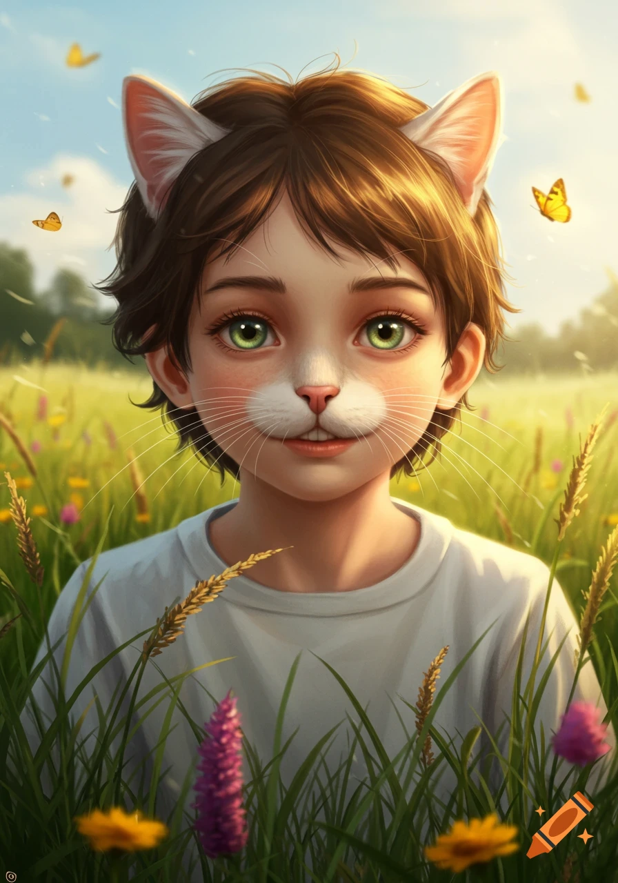 A stylized portrait of a child with cat ears and nose, in a sunny field with butterflies.