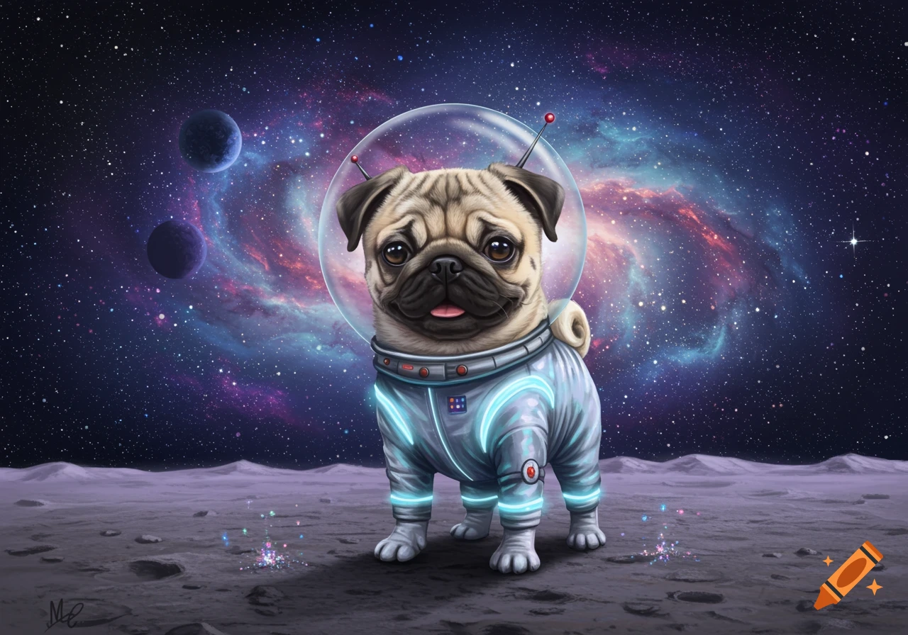 A cute pug dog in an astronaut suit stands on a rocky moon surface with two planets and a colorful galaxy in the background. Digital art.