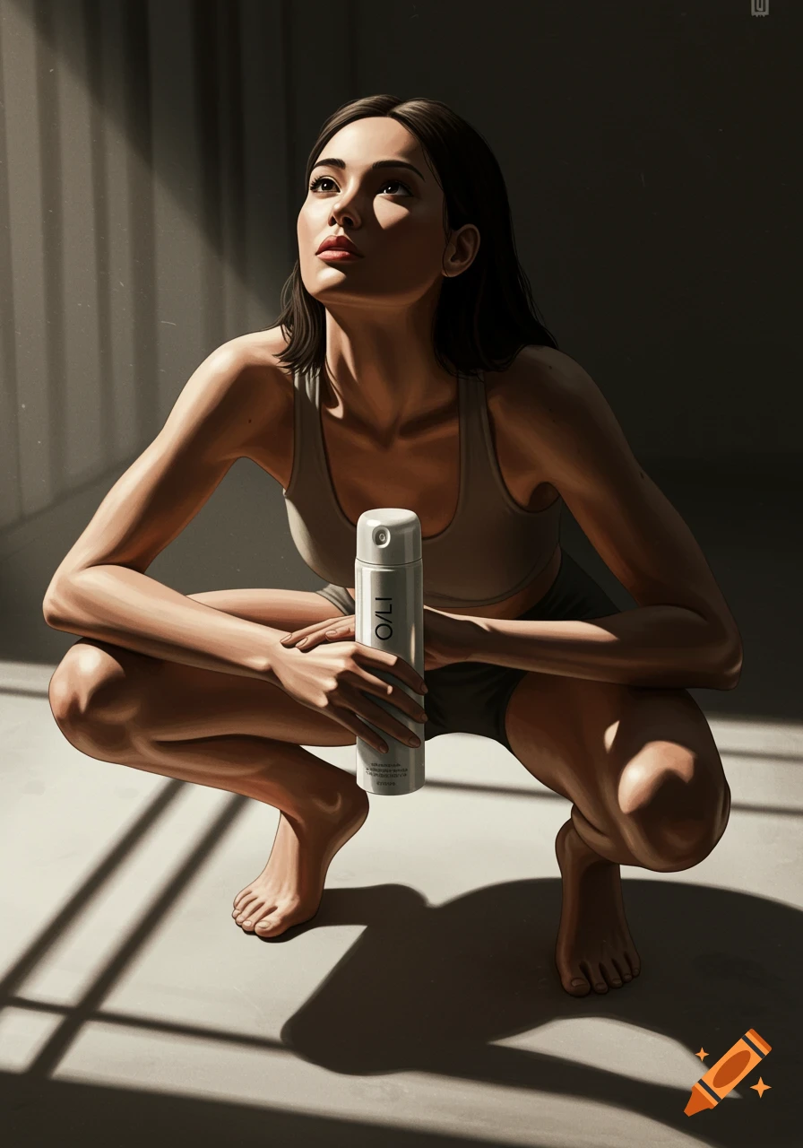 A stylized digital illustration of a woman crouching and looking up, holding a deodorant can. Strong light casts shadows on the floor.