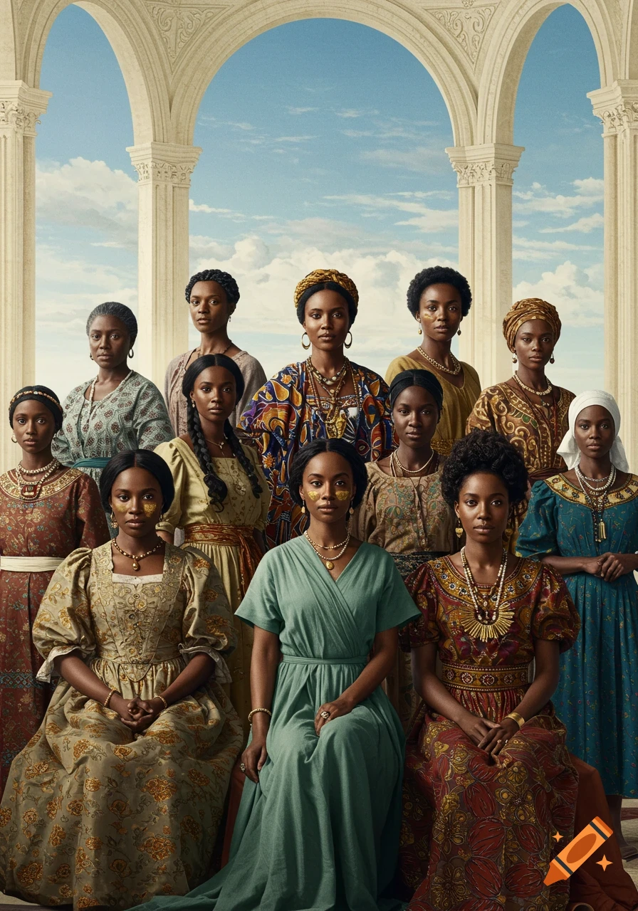 A large group of women in richly patterned historical dresses and ornate jewelry, under classical white arches against a blue sky.