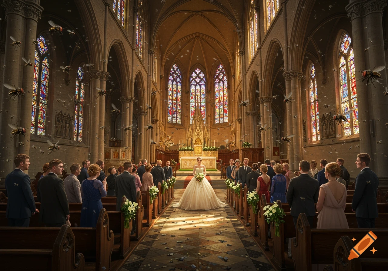 A surreal scene of a church wedding disrupted by a multitude of flies buzzing around the congregation and bride.