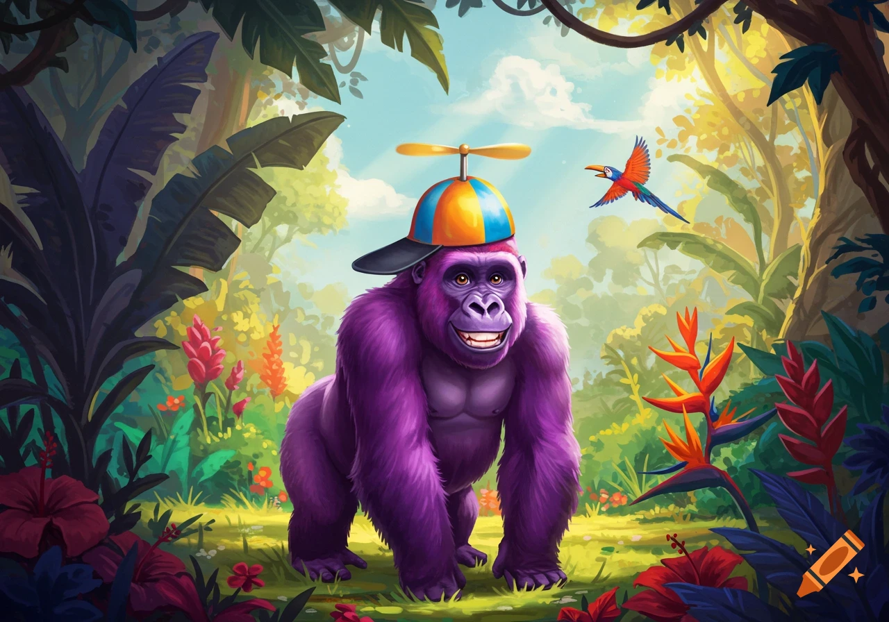 A vibrant cartoon purple gorilla with a propeller cap stands smiling in a lush green jungle with colorful flowers and a flying parrot.