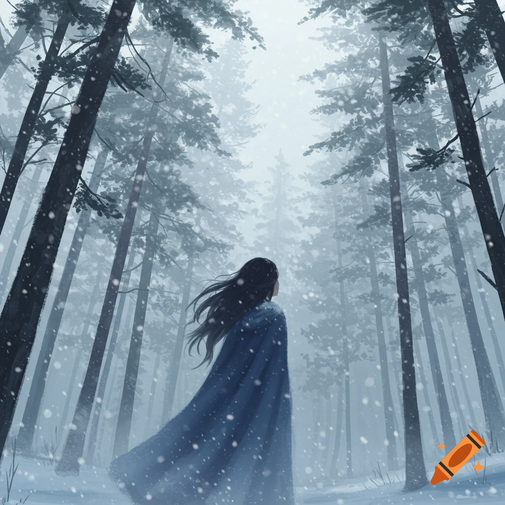 A cloaked figure with long dark hair stands in a snowy, misty pine forest, looking away.