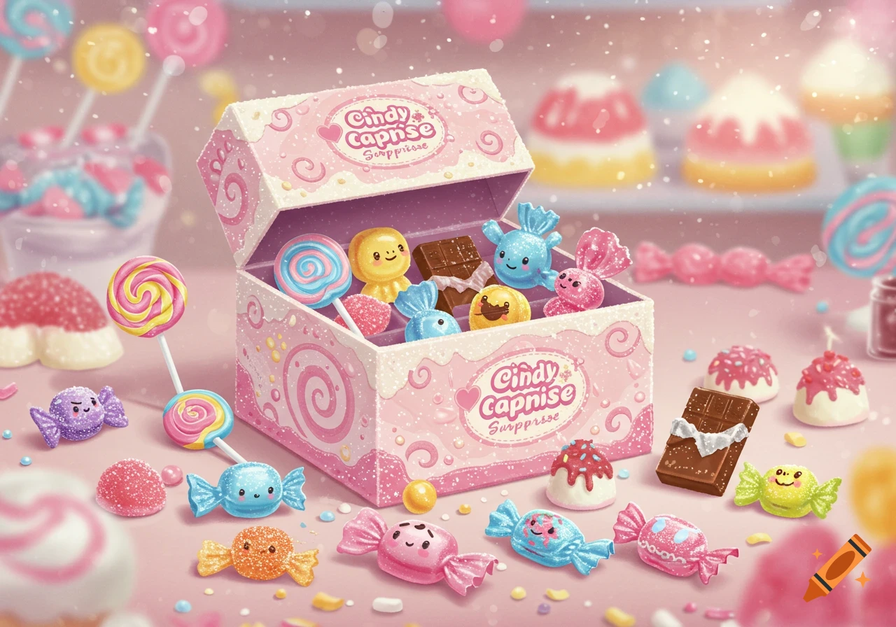 A pink candy box filled with various colorful, cute, cartoonish candies and lollipops, surrounded by more candies on a sweet, glittery background.