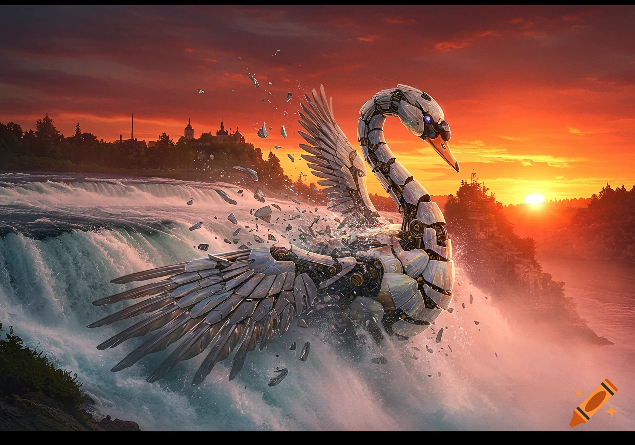 A giant mechanical silver swan breaks apart amidst a powerful waterfall at sunset, with pieces scattering in the water.