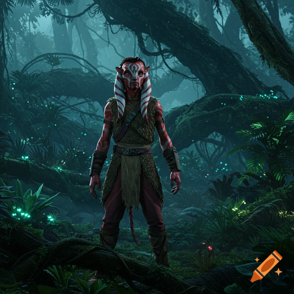 A red-skinned alien with white and red striped head-tails stands in a vibrant, misty jungle with bioluminescent plants.