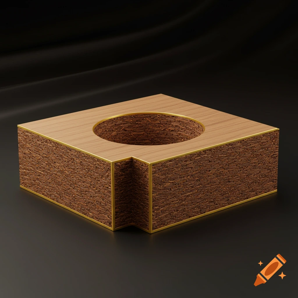 A square block with a circular hole, made of light wood and a granular brown material, accented with gold edges, on a dark background.