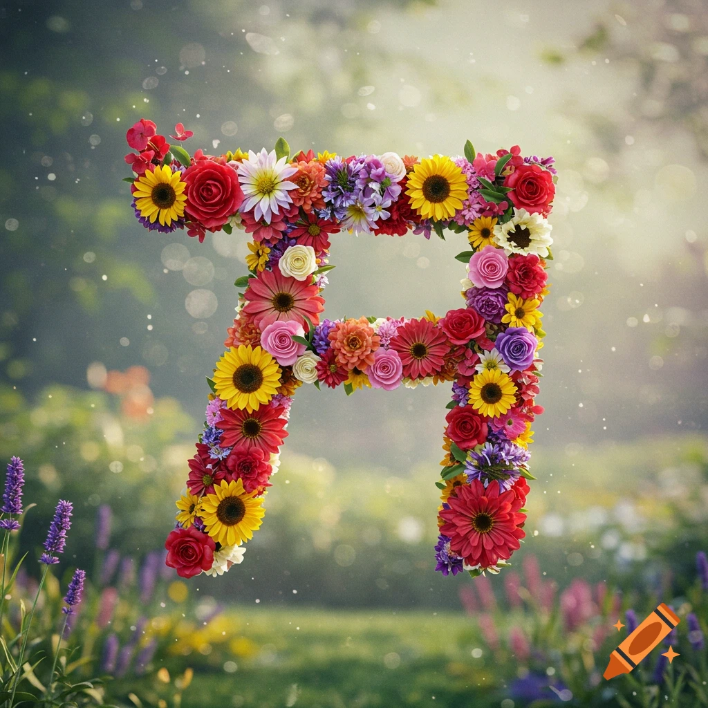 A vibrant letter Aleph formed by colorful flowers, set against a blurred green garden background with bokeh lights.