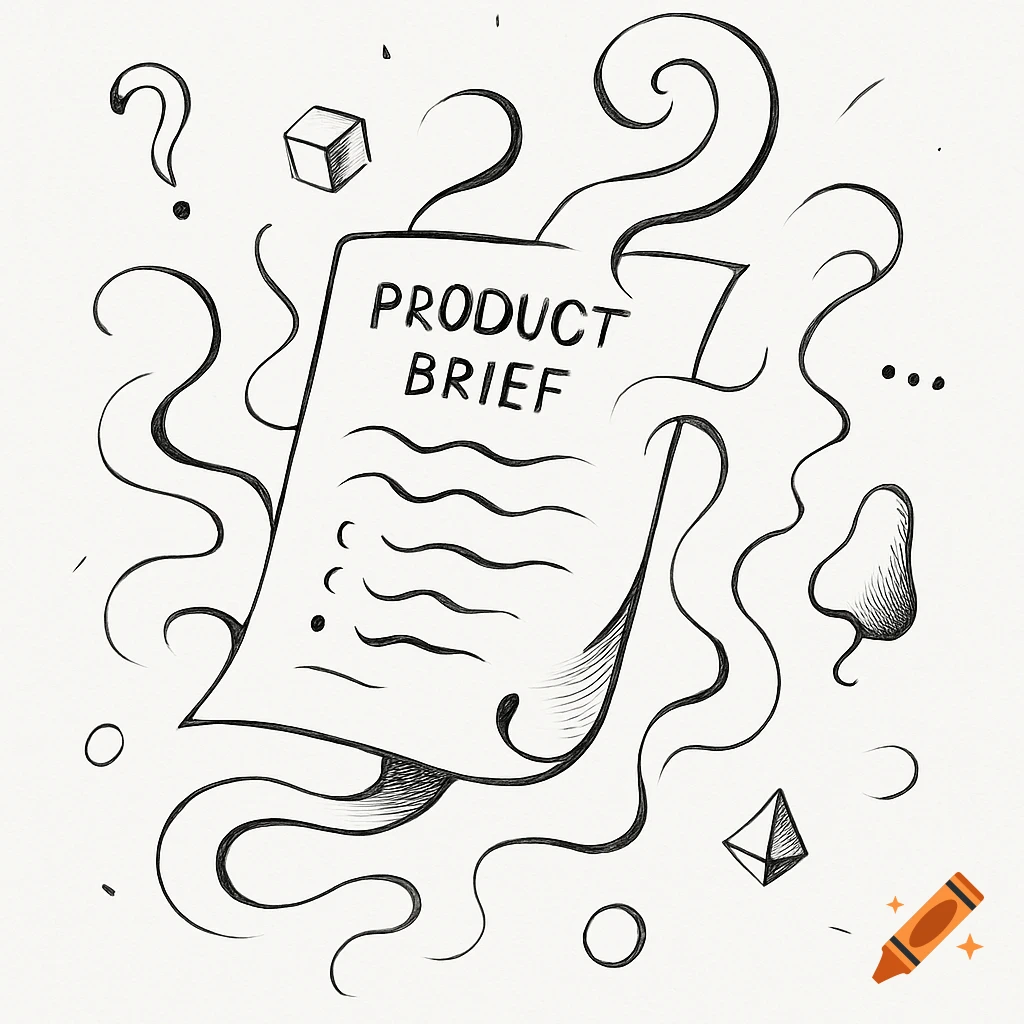 Black and white sketch of a product brief document with abstract elements, swirling lines, and a question mark.
