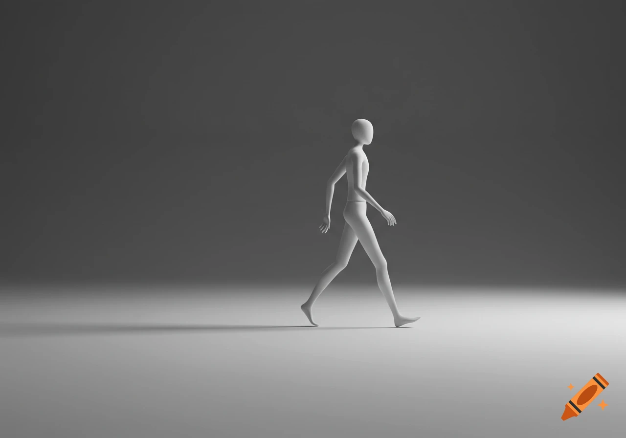 A textureless, white 3D human model in profile walking across a grey, minimalist studio space.