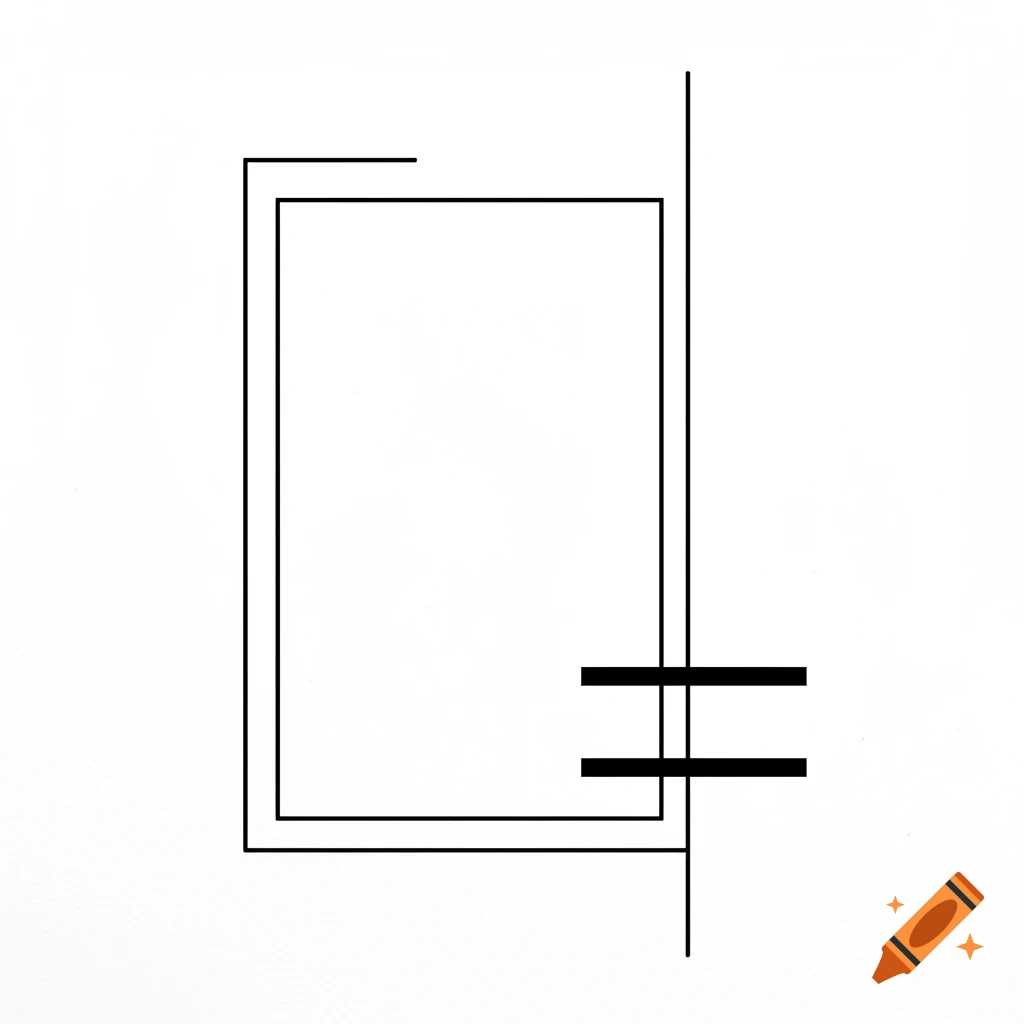 A minimalist black and white abstract image featuring a hollow black rectangle with two horizontal lines crossing a vertical line to its right.