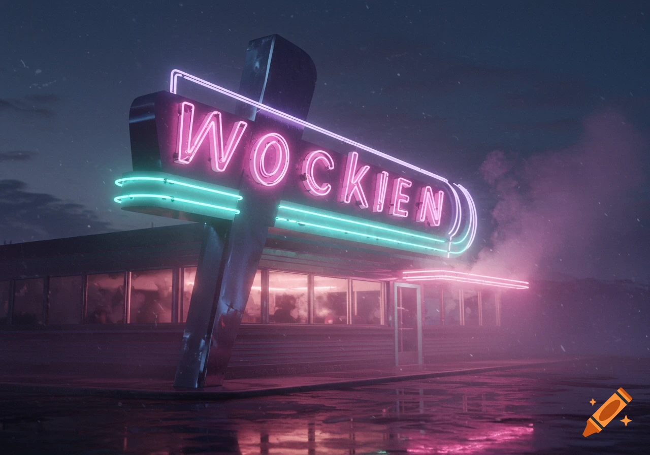 A vibrant neon sign for 'WOCKIEN' diner at night, reflecting on a wet street under a hazy sky.