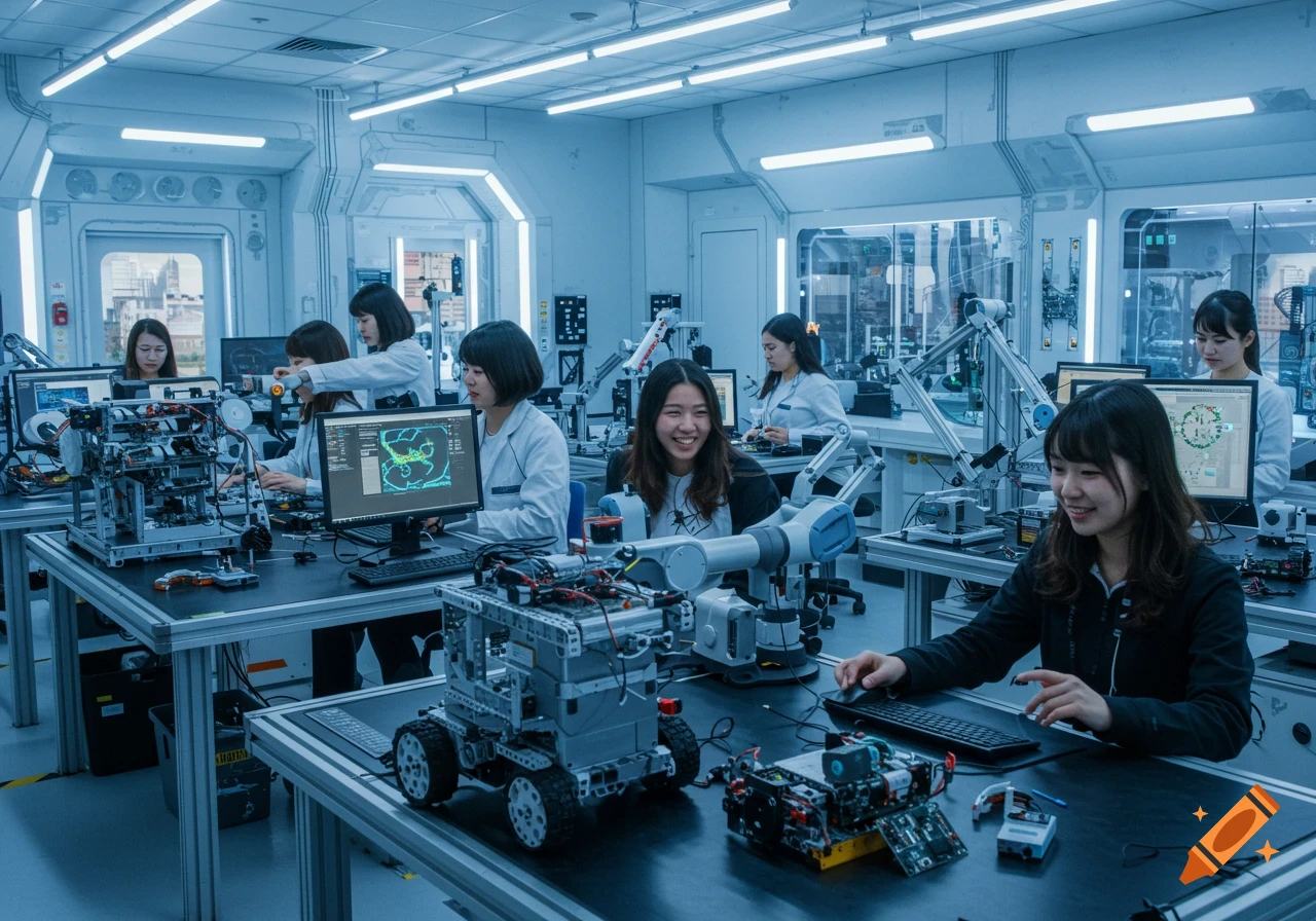Photorealistic image of female students working on robotics projects in a bright, modern technology lab.