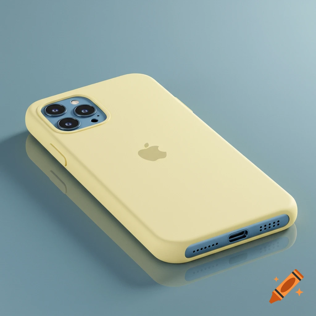 Light yellow silicone phone case on a sierra blue iPhone 13 Pro Max, displayed on a blue surface.
